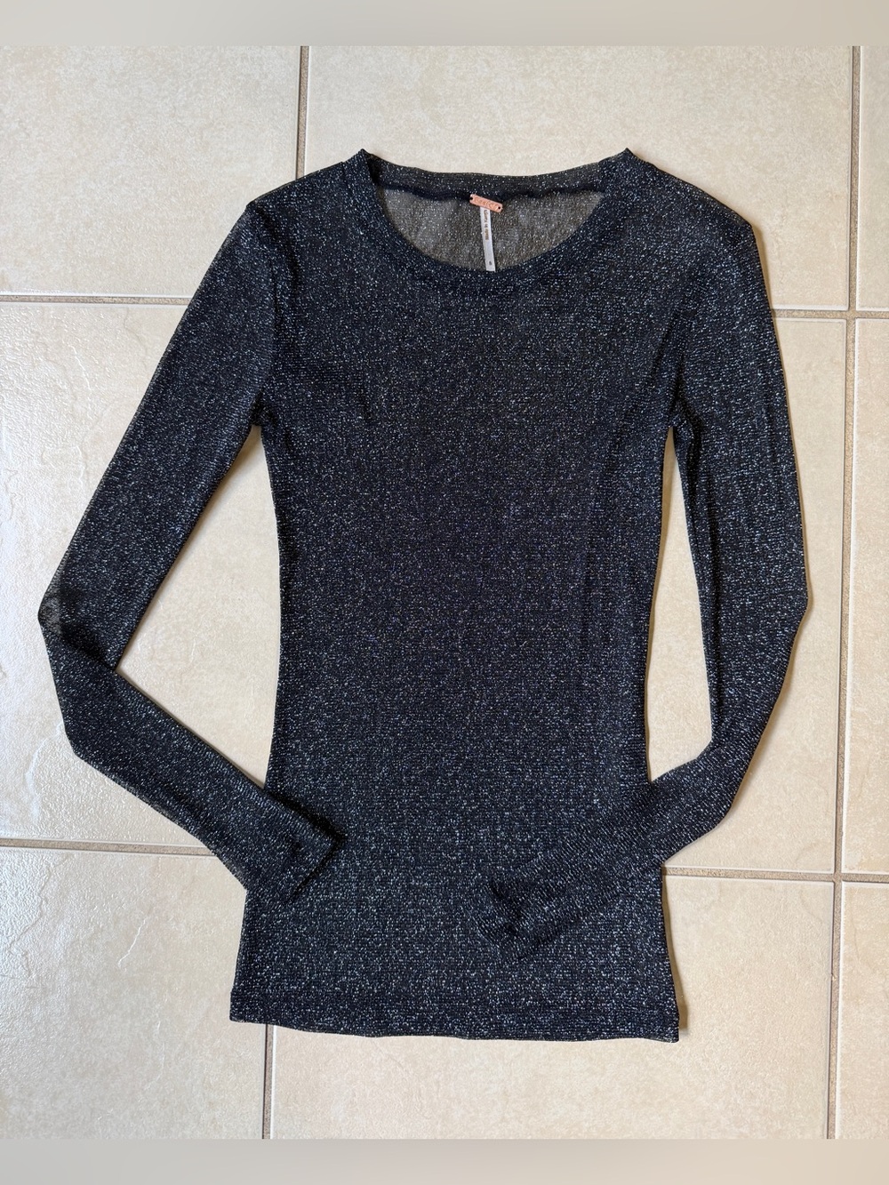 Poof Apparel Black Silver Metallic Shimmer Long Sleeve Top Sheer Knit Shirt S
